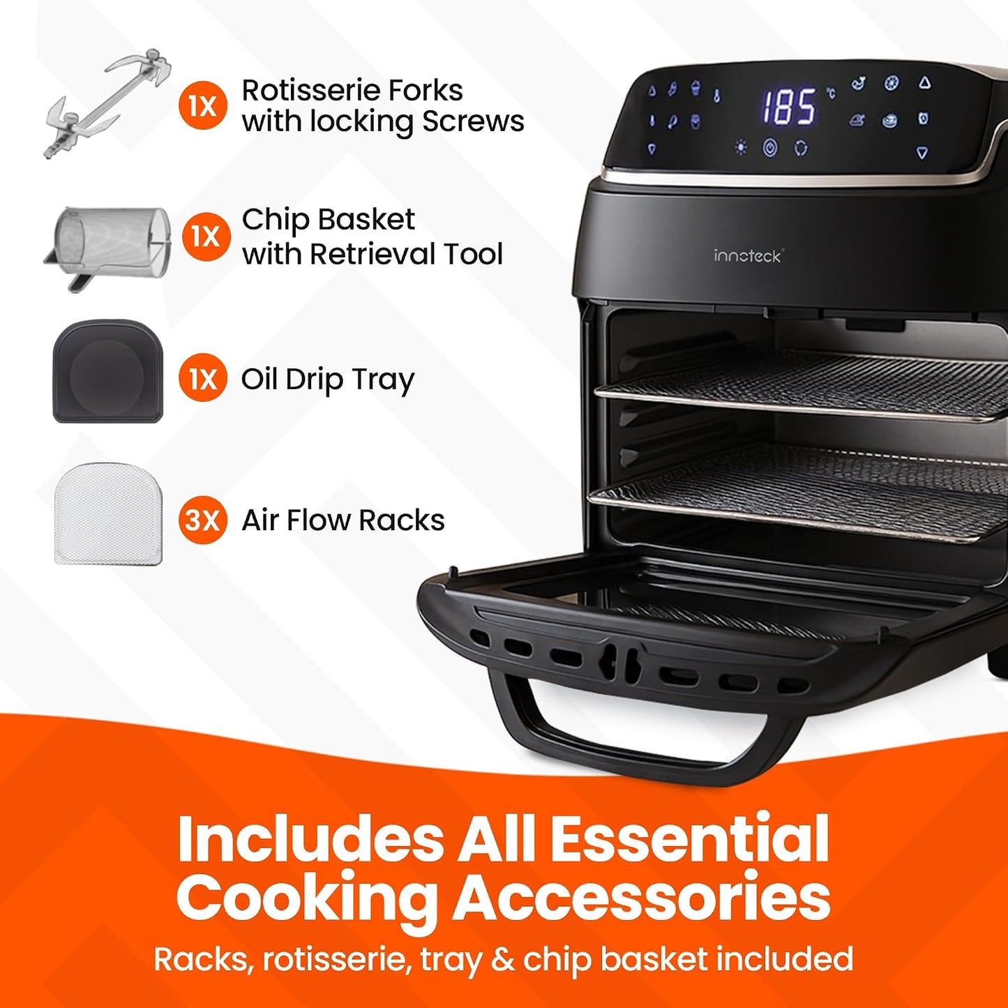 Digital Air Fryer Oven 12L 1800W 8 Presets Rotisserie Black