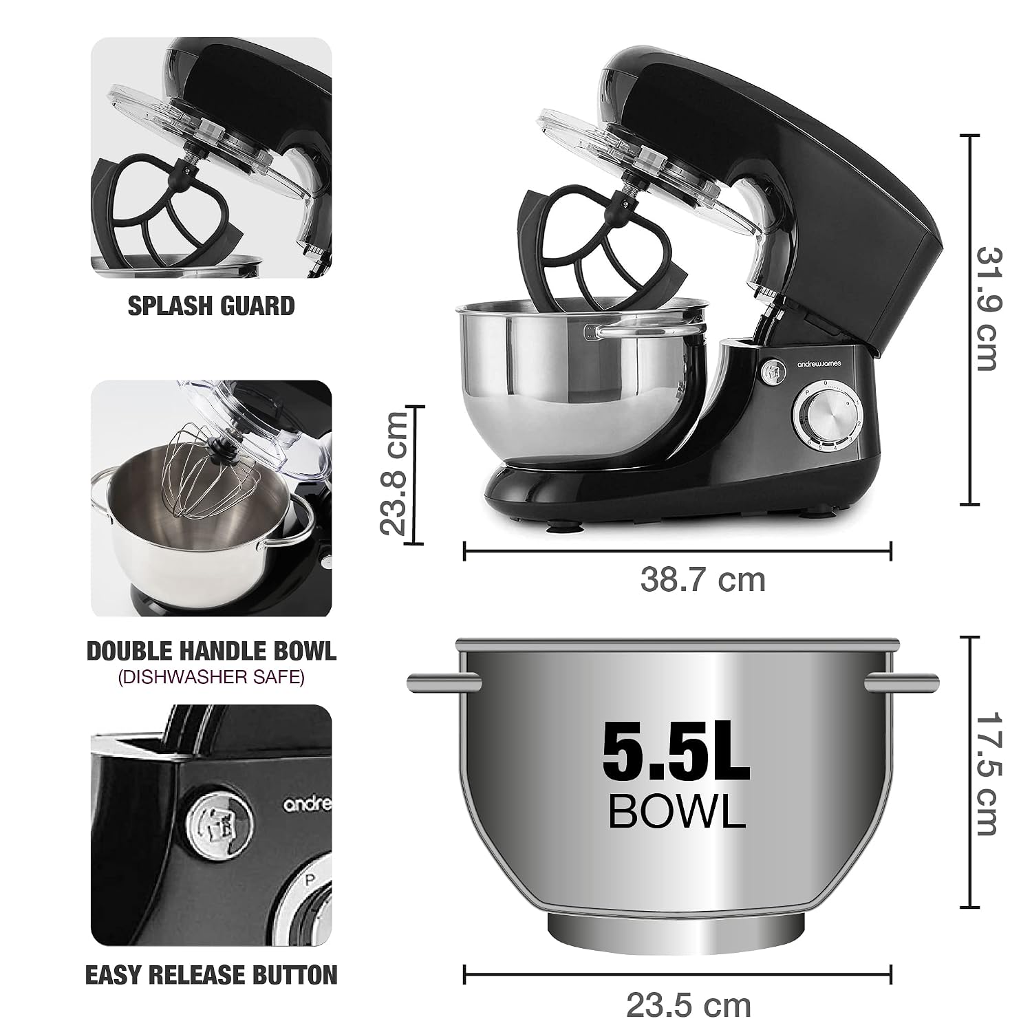 Stand Mixer 1300W 5.5L Stainless Steel Bowl 6 Speeds Pulse Black