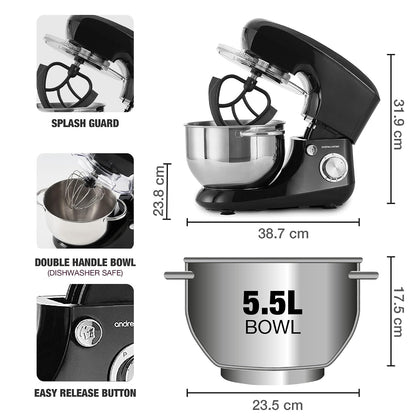 Stand Mixer 1300W 5.5L Stainless Steel Bowl 6 Speeds Pulse Black