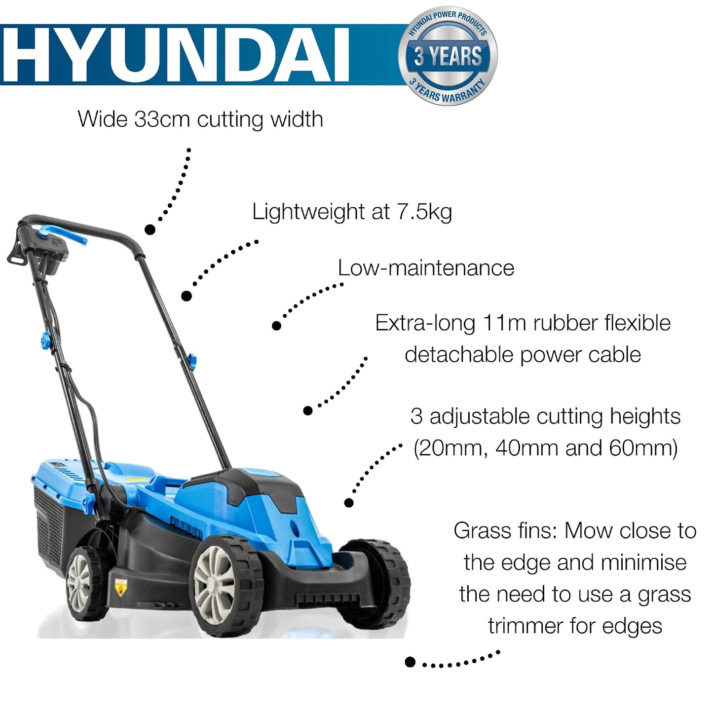 Corded Electric Lawn Mower 33cm 1300W 30L Grass Box 3 Heights Blue