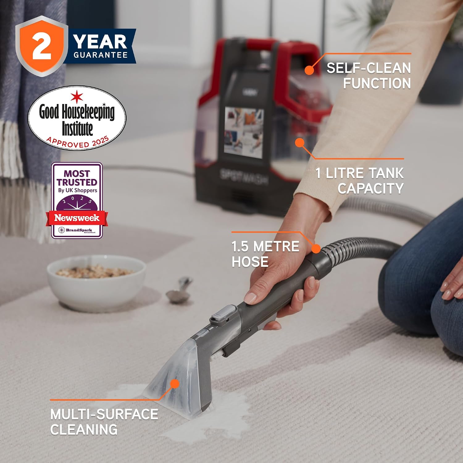 Spot Cleaner 1.6L 4.5m Cord Multi-Surface Handheld Red Grey