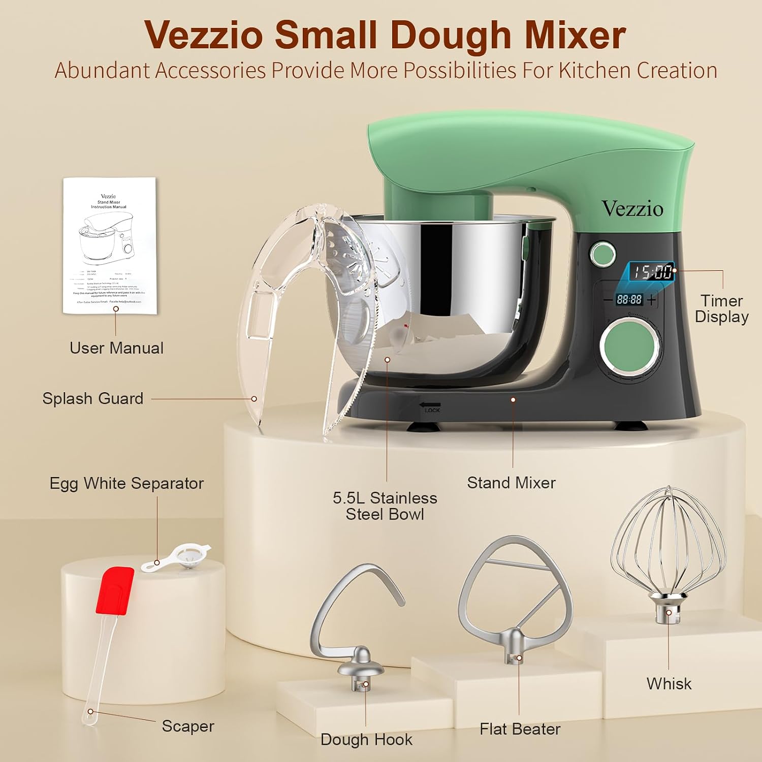 Stand Mixer 1500W 10 Speeds 5.5L Tilt-Head Greengray