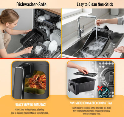 Dual Air Fryer 9L 2500W 8 Presets Digital Display Black