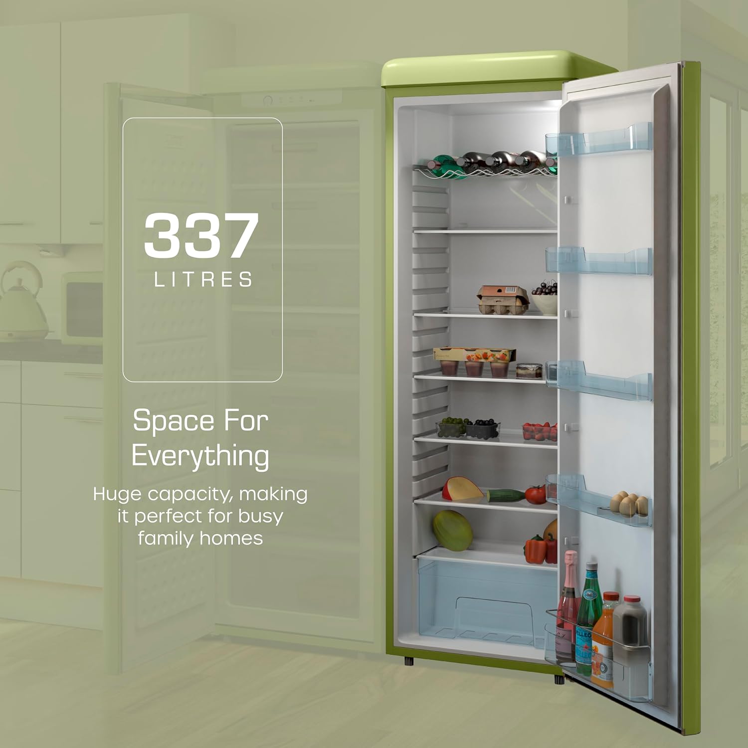 Tall Larder Fridge 337L 5 Shelves Frost Free Green