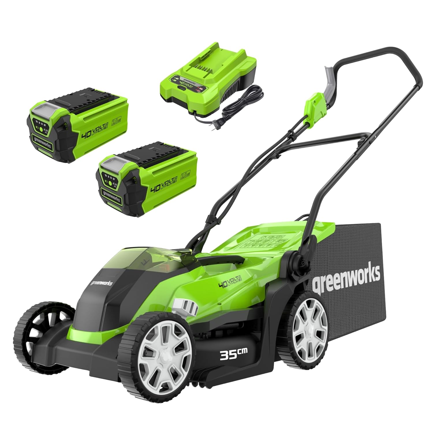 Cordless Lawn Mower 35cm 40L Bag 2x40V 2Ah Batteries Green
