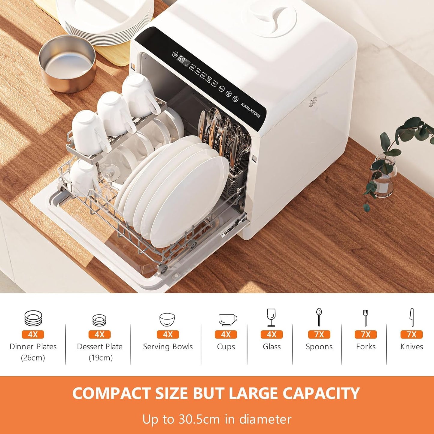 Table Top Dishwasher 6 Programs Touch Control Auto-Drying Baby Care Fruit Wash White