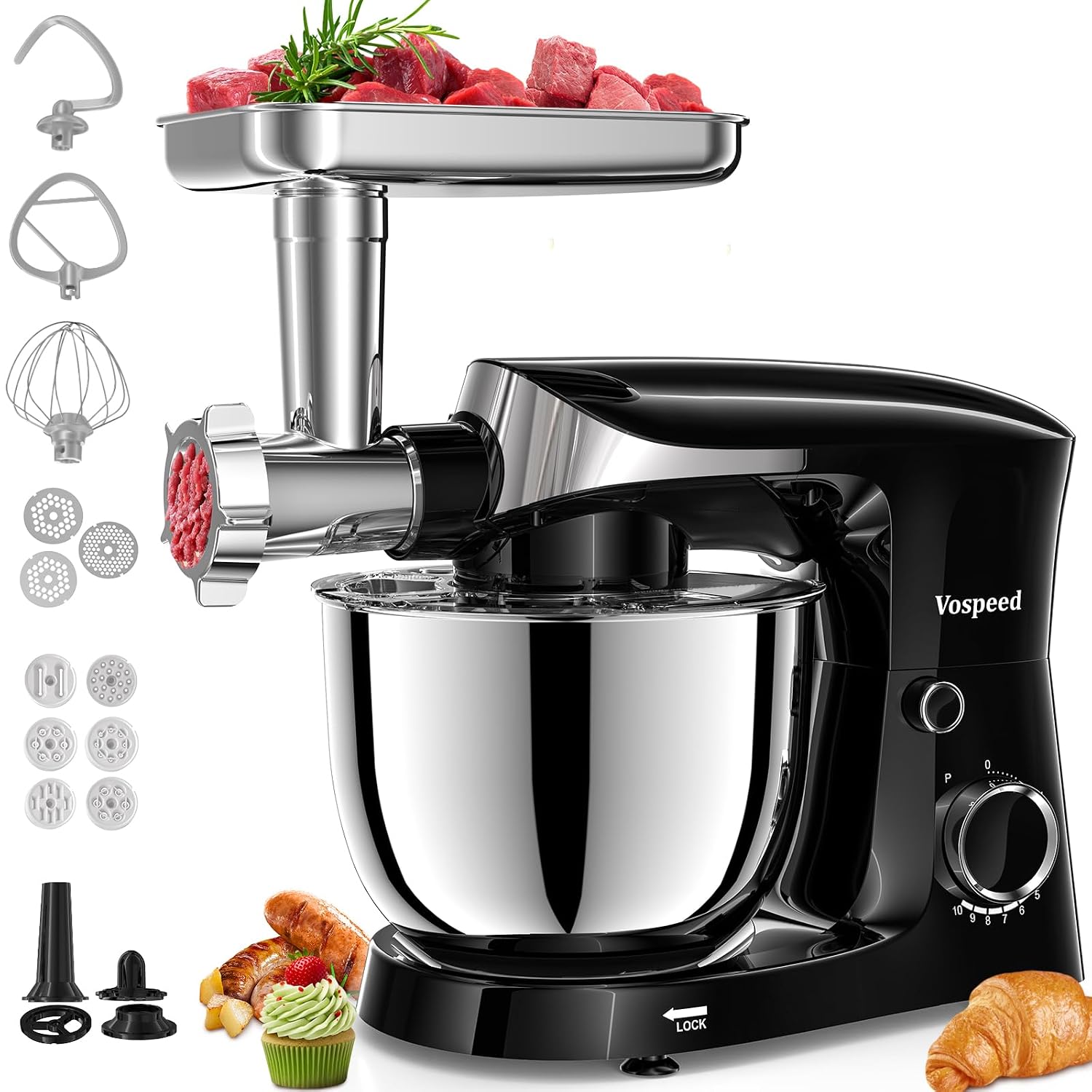 Stand Mixer 1500W 5.5L Tilt-Head 10 Speeds Stainless Steel Bowl Black