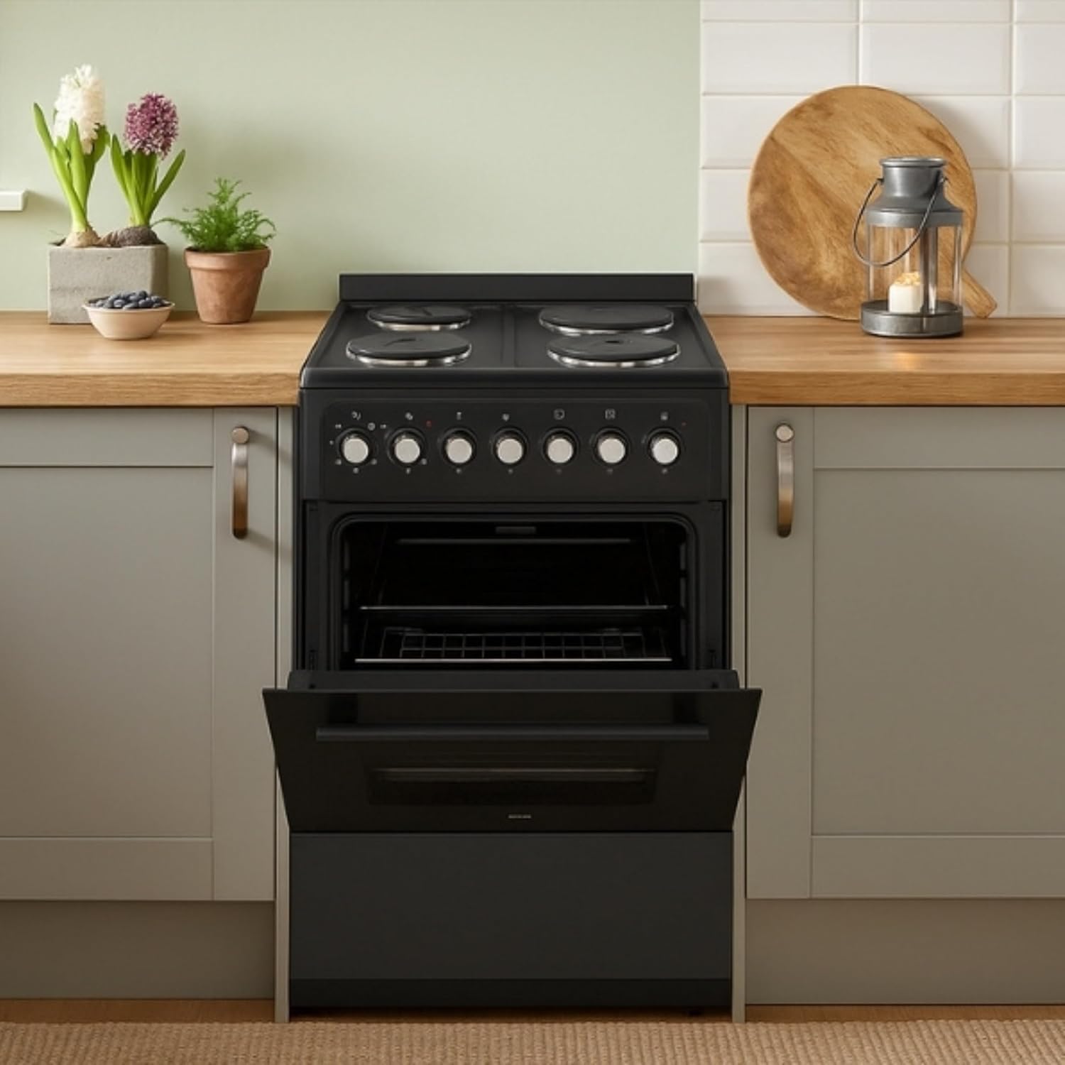 Electric Cooker 62L Oven 4 Hotplates Freestanding 60cm Matte Black