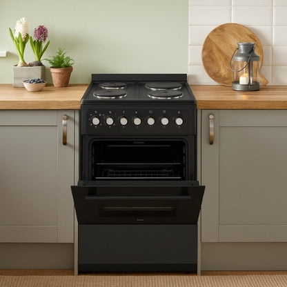 Electric Cooker 62L Oven 4 Hotplates Freestanding 60cm Matte Black