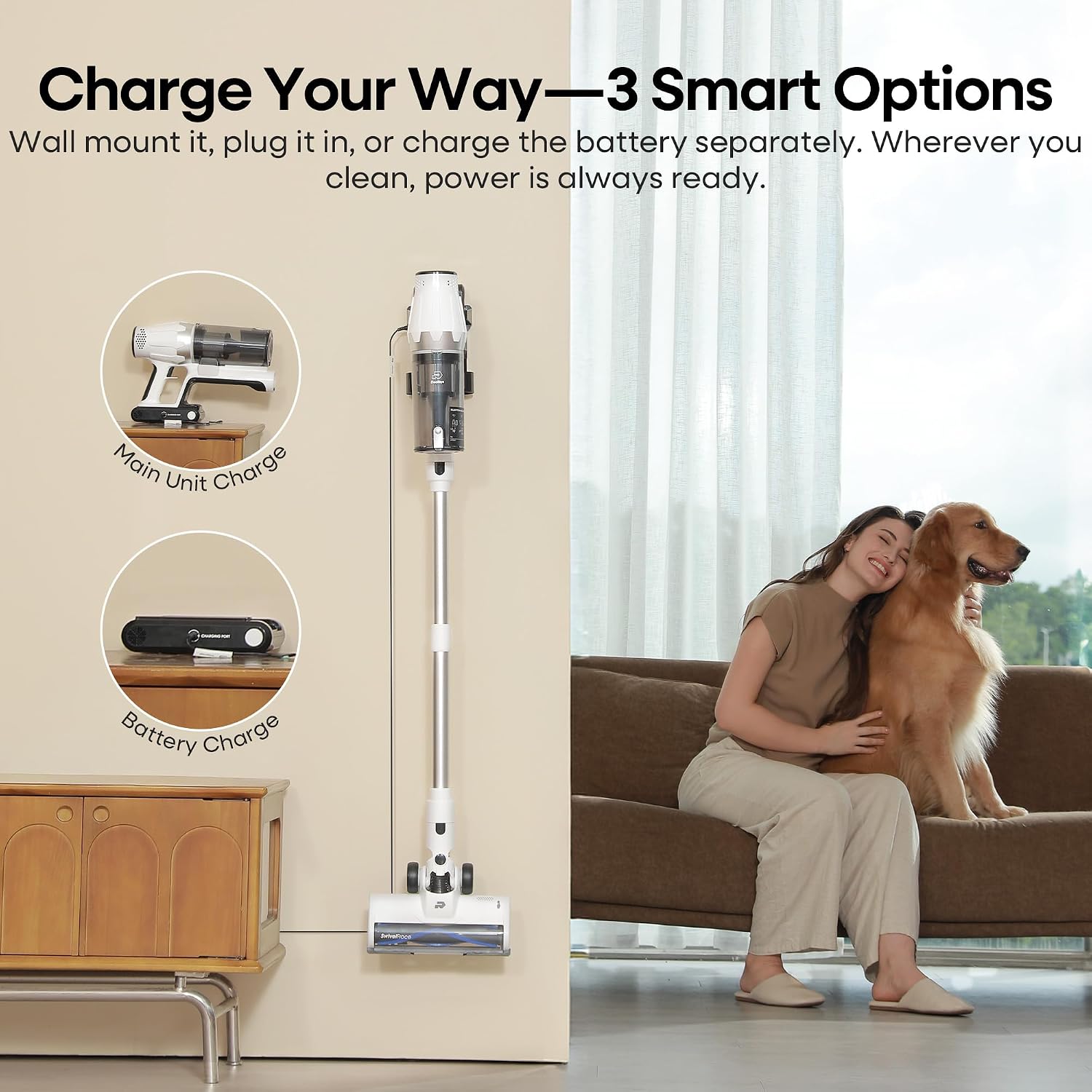 Cordless Stick Vacuum Cleaner 580W 48KPa Suction 65 Min White