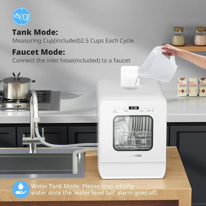 Portable Countertop Dishwasher 5L Tank 9 Programs 37cm Narrow White