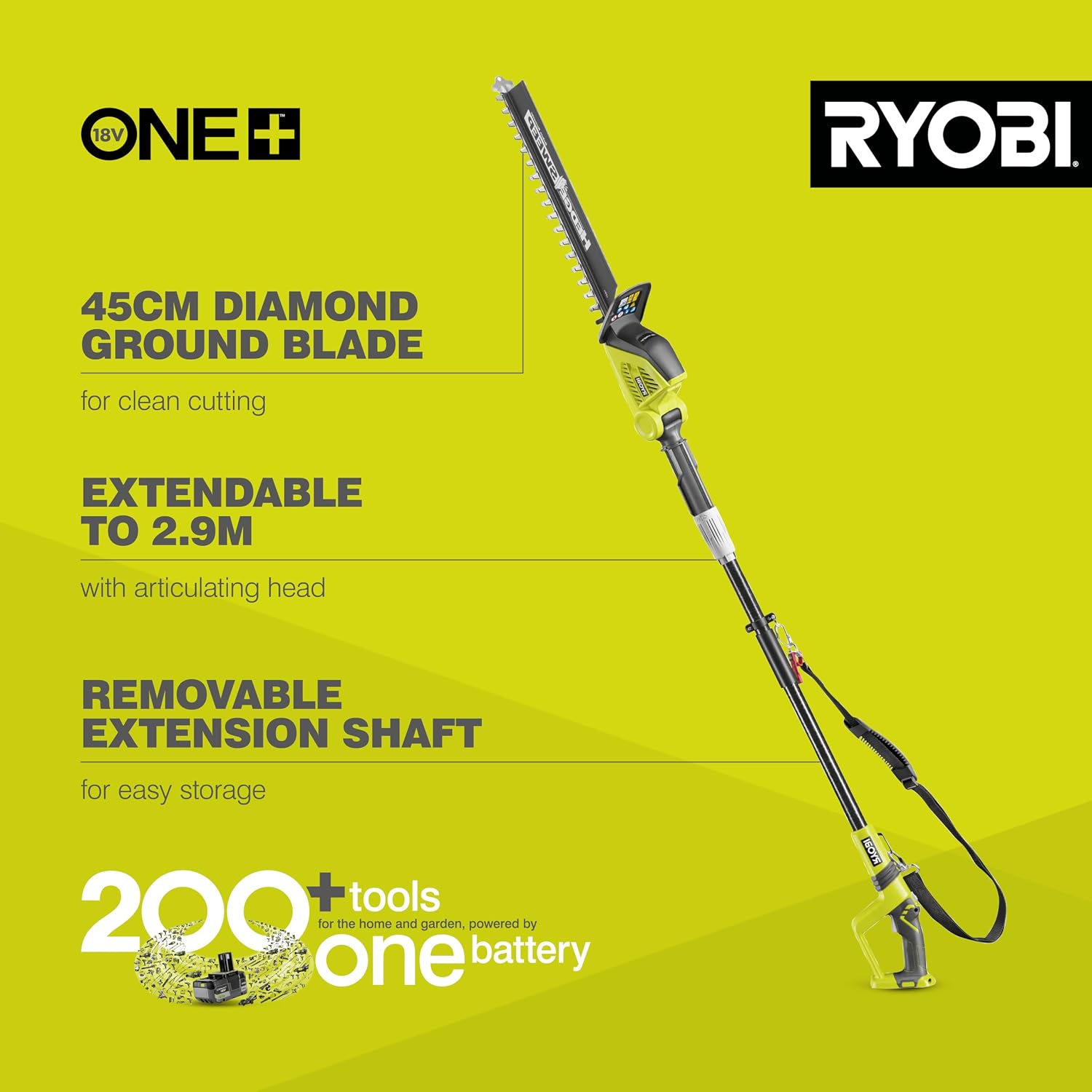 Cordless Pole Hedge Trimmer 45cm 18V ONE+ Diamond-Ground Blade