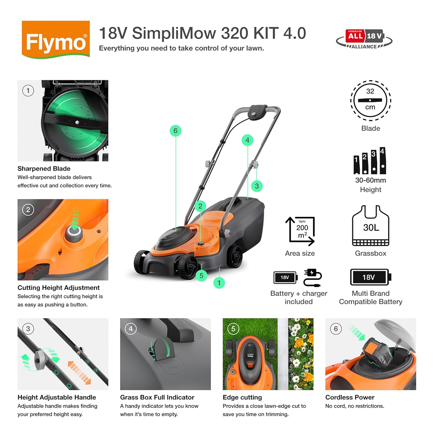 Cordless Lawn Mower 32cm Cutting Width 4 Height Settings 30-60mm 18V 4.0Ah Orange