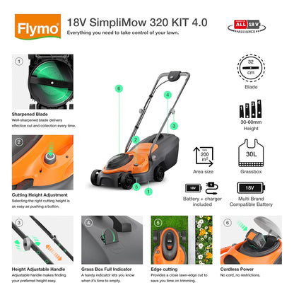 Cordless Lawn Mower 32cm Cutting Width 4 Height Settings 30-60mm 18V 4.0Ah Orange