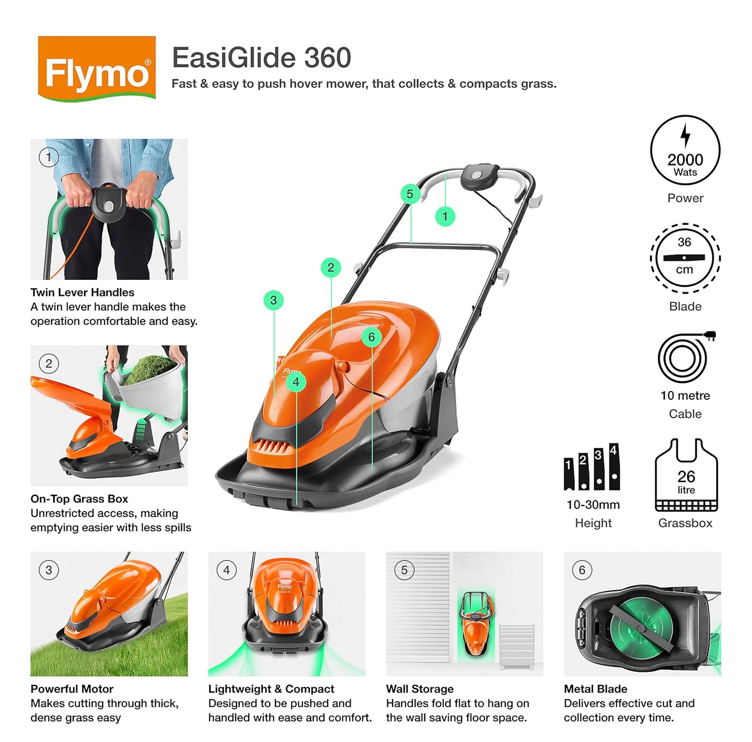 Hover Lawn Mower 36cm 2000W 26L Grass Box 4 Cutting Heights Orange Grey