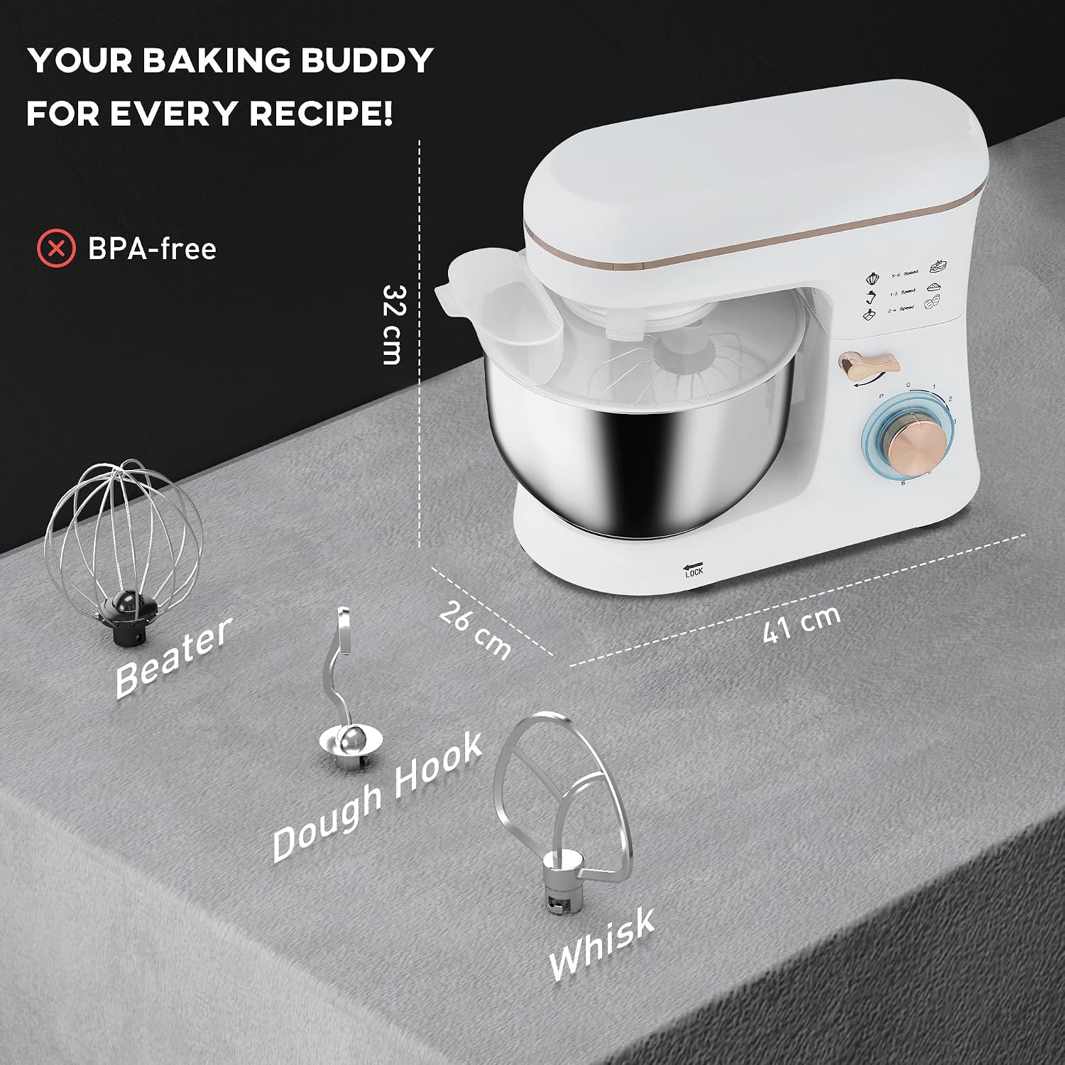 Stand Mixer 1400W 5L 6 Speeds Pulse Setting Stainless Steel Bowl White