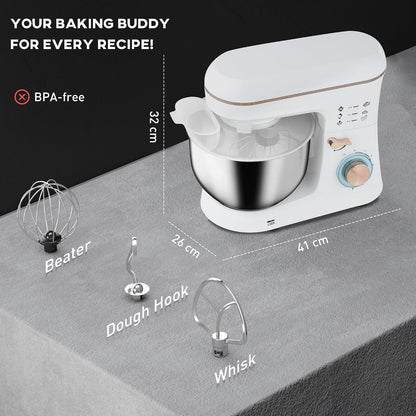 Stand Mixer 1400W 5L 6 Speeds Pulse Setting Stainless Steel Bowl White
