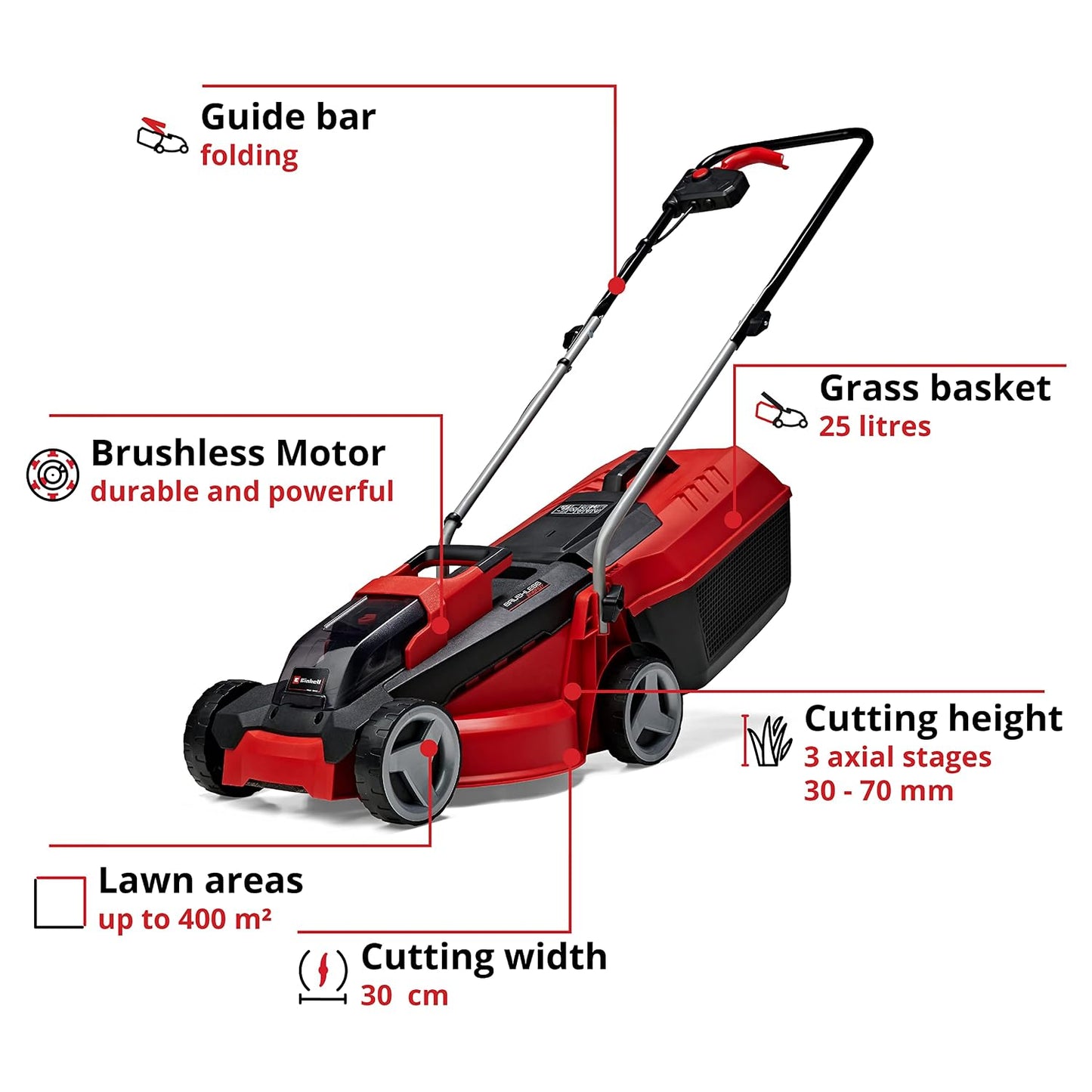 Cordless Lawn Mower 30cm 18V Brushless Motor Red Black