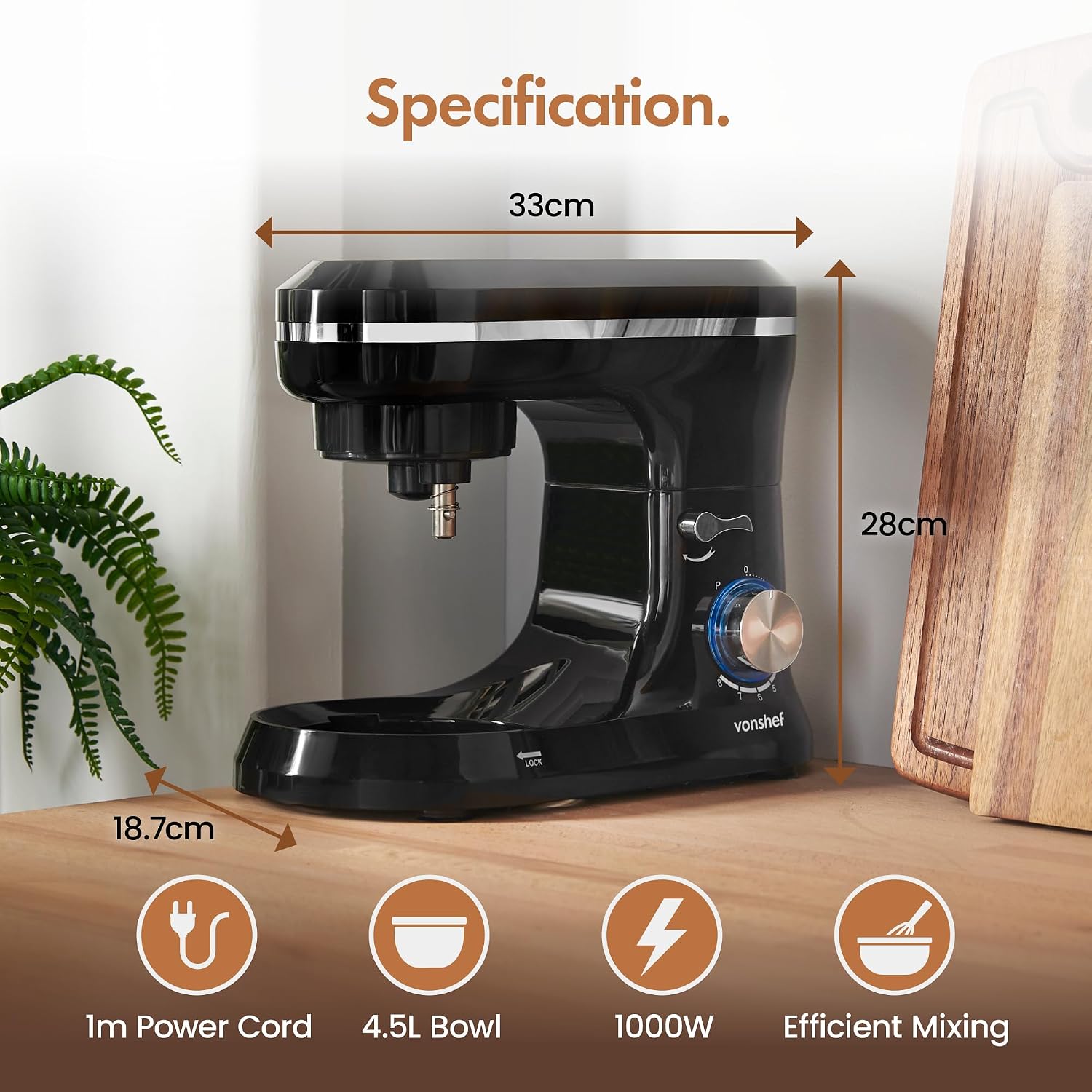 Stand Mixer 4.5L 1000W 8 Speeds With Pulse Function Black