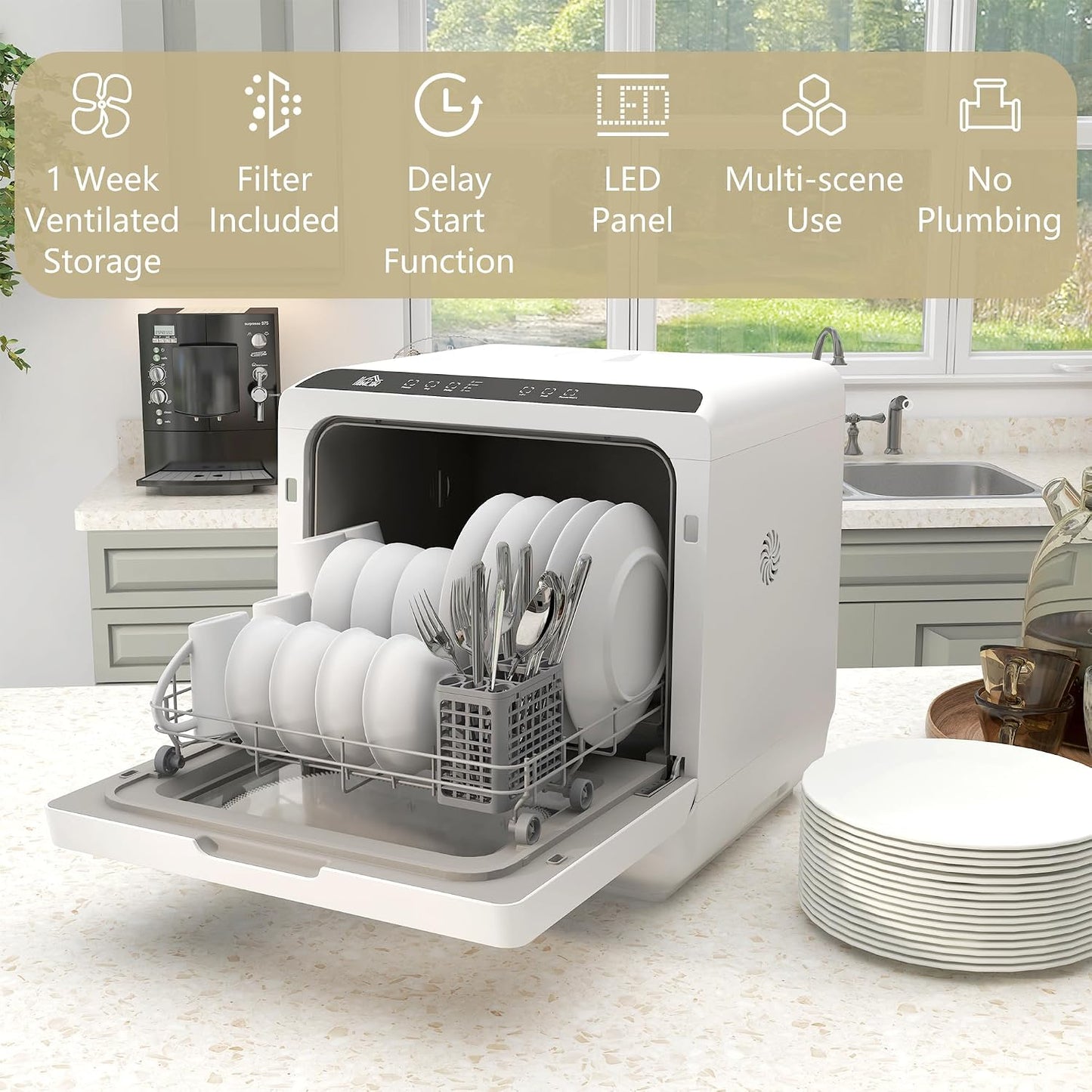 Table Top Dishwasher 6L Built-In Tank 4 Place Settings Touch Control White