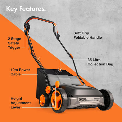 Corded Electric Artificial Grass Sweeper 1800W 45L Bag 370mm 5 Heights Grey Black Orange