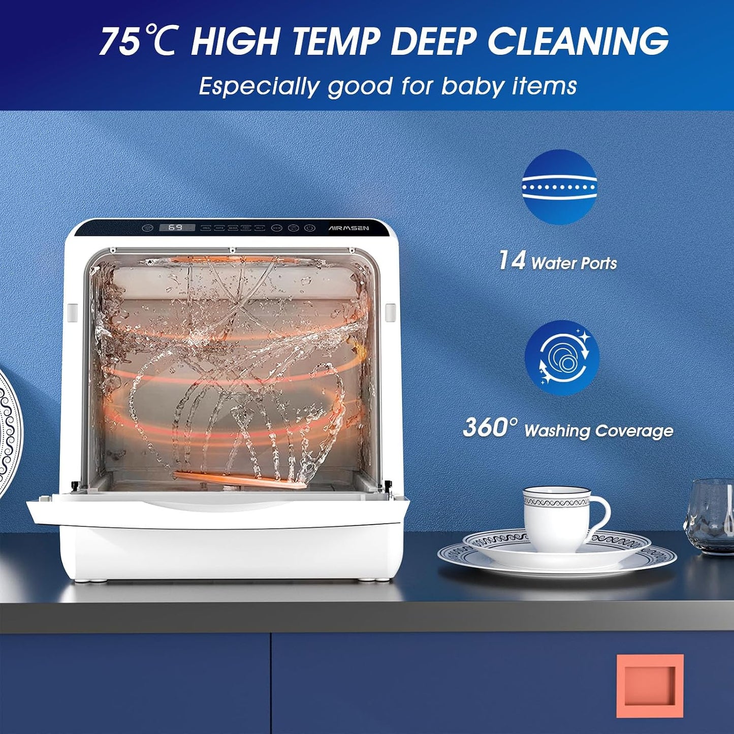Mini Table Top Dishwasher 6 Programs Countertop Portable Dual Water Supply Baby Care Mode