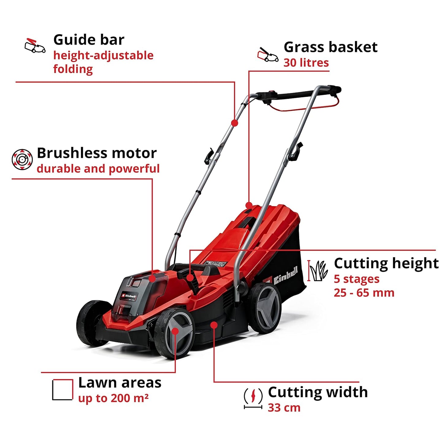 Cordless Lawn Mower 33cm 18V 4.0Ah Brushless Motor Red Black