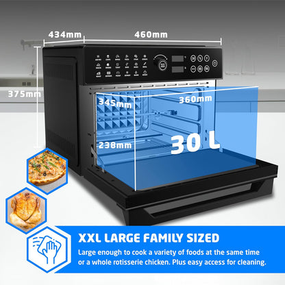 Air Fryer Oven 30L 1800W With Rotisserie 20-In-1 Dual Cook Black
