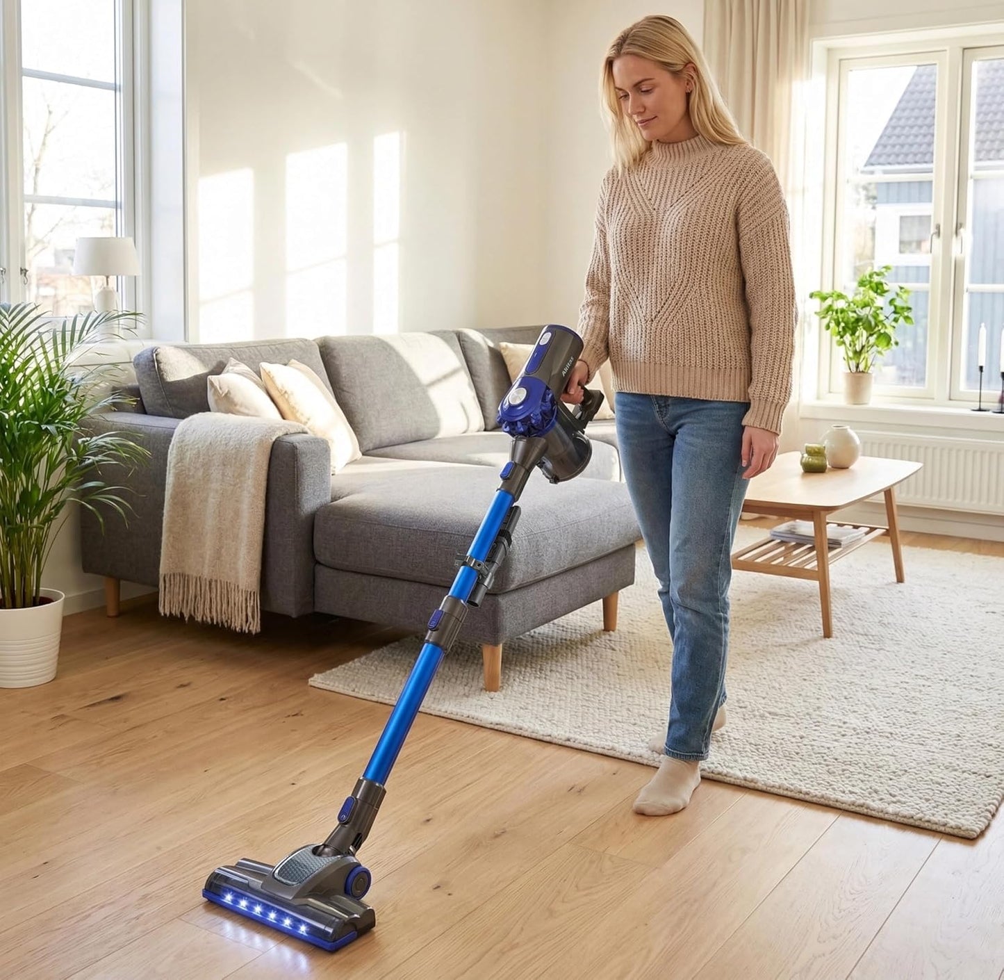 Cordless Stick Vacuum 0.8L 22.2V 150W 2-in-1 Handheld Upright Blue