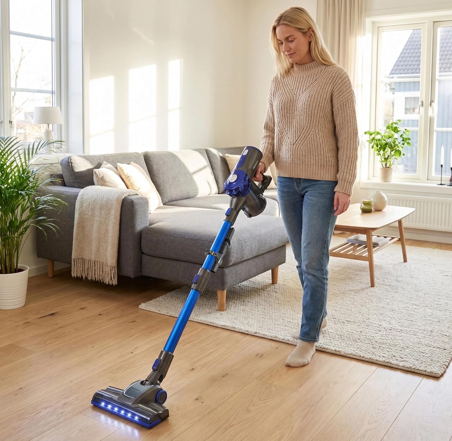 Cordless Stick Vacuum 0.8L 22.2V 150W 2-in-1 Handheld Upright Blue