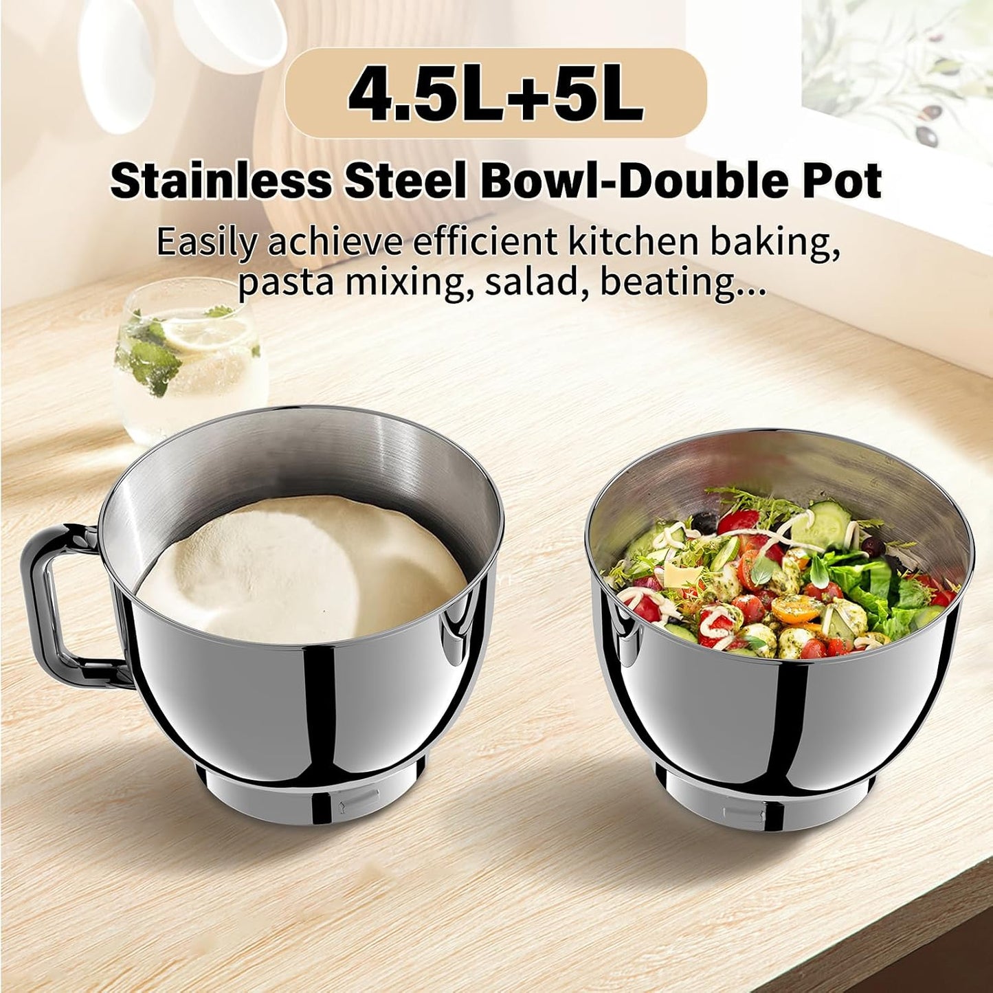 Stand Mixer 4.5L+5L Bowls 8-Speed 1000W Tilt-Head Blue