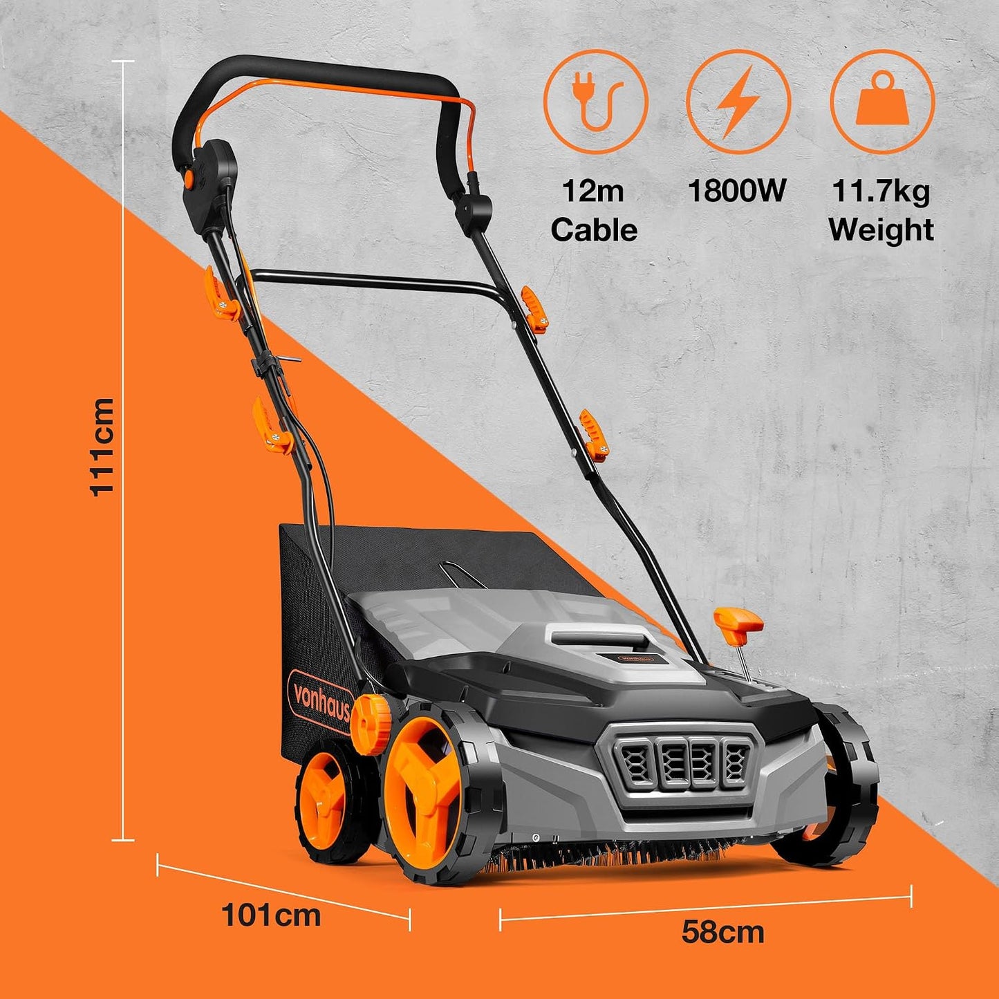 Corded Electric Artificial Grass Sweeper 1800W 45L Bag 380mm 5 Heights Grey Black Orange