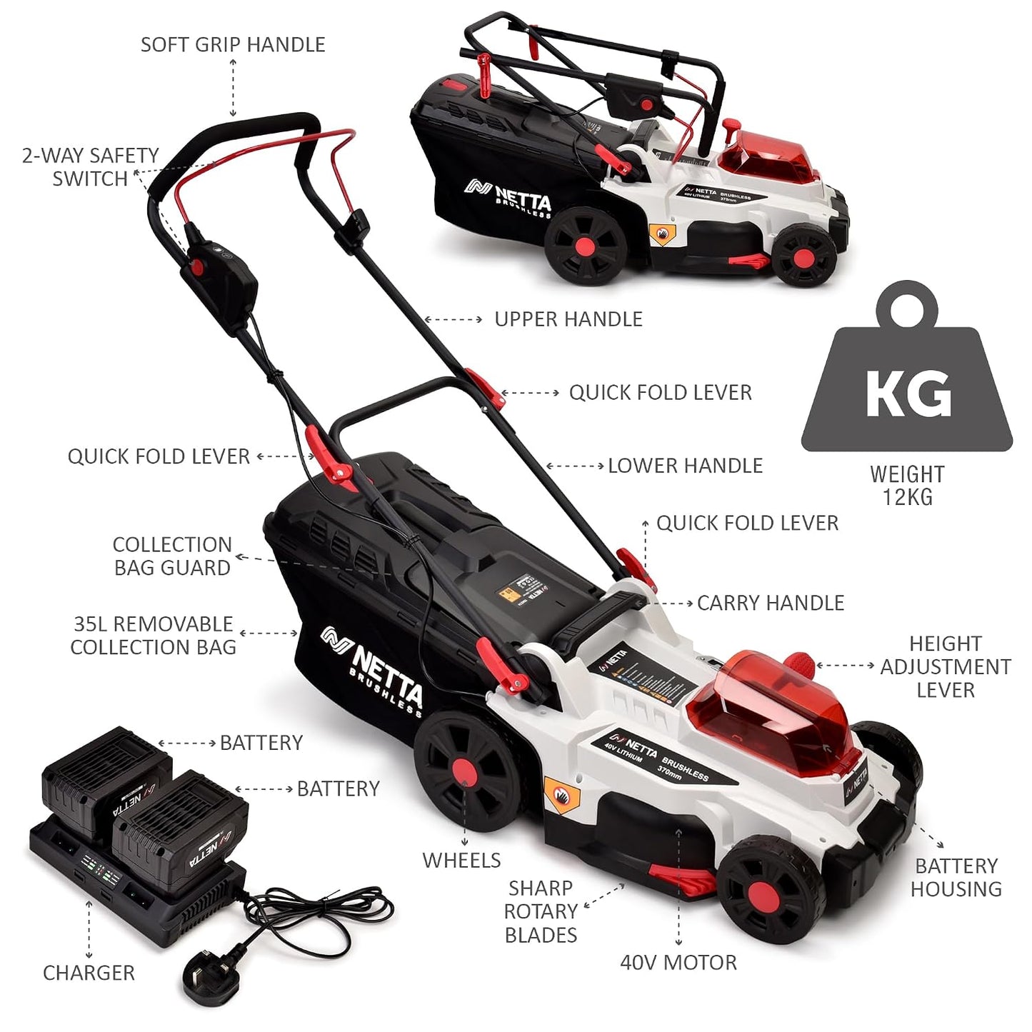 Cordless Lawn Mower 37cm 40V 2x4.0Ah Batteries 6 Heights 35L