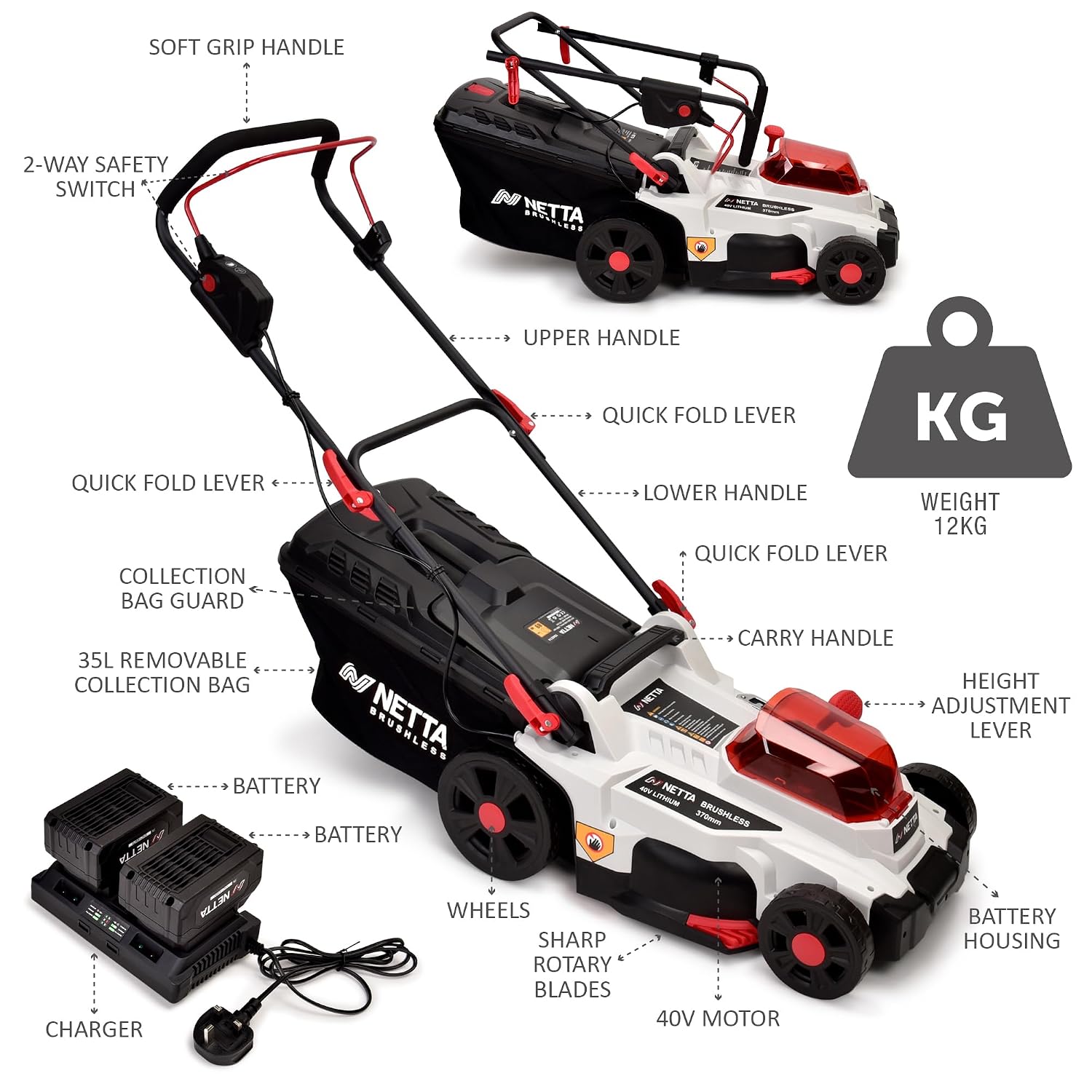 Cordless Lawn Mower 37cm 40V 2x4.0Ah Batteries 6 Heights 35L
