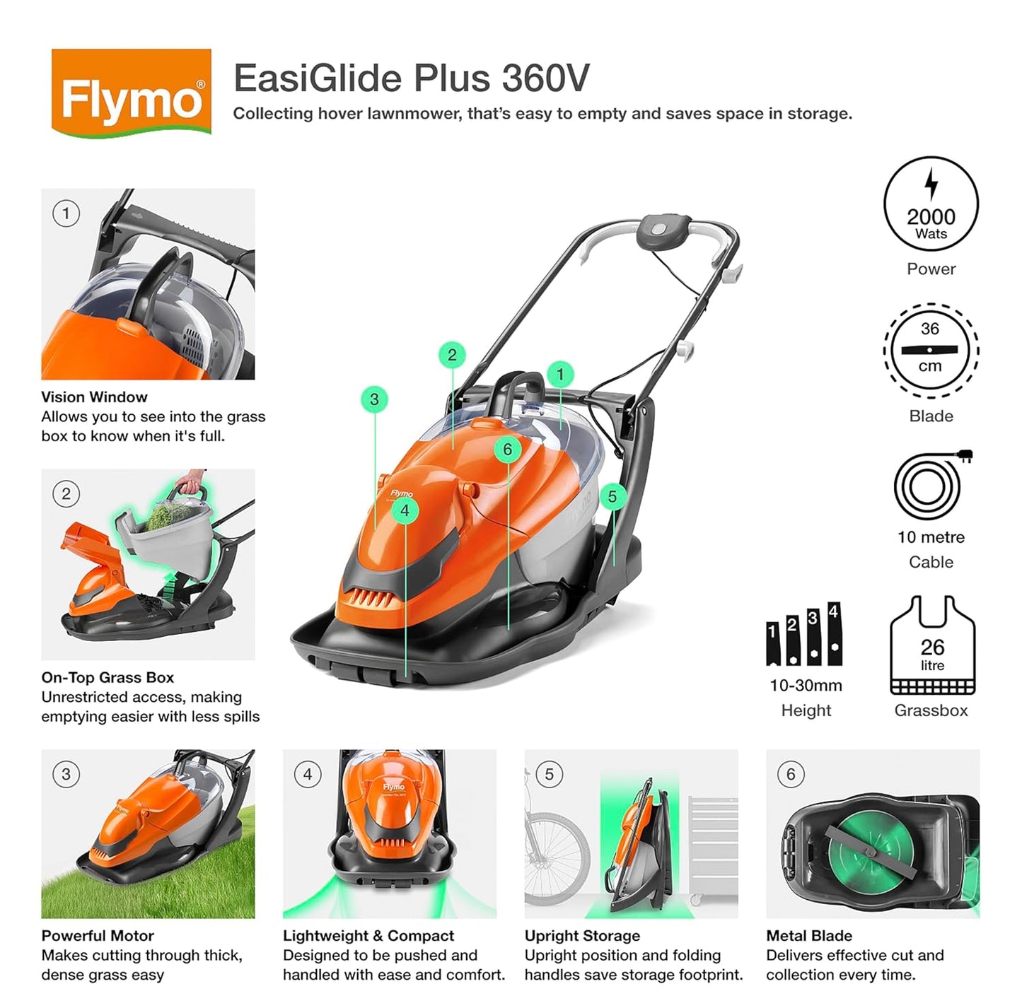 Corded Electric Hover Lawn Mower 1800W 36cm 26L 4 Heights Orange Grey