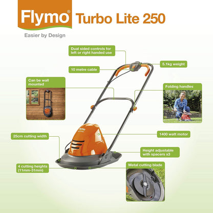 Electric Hover Lawn Mower 1400W 25cm 3 Heights 10m Cable Orange Grey