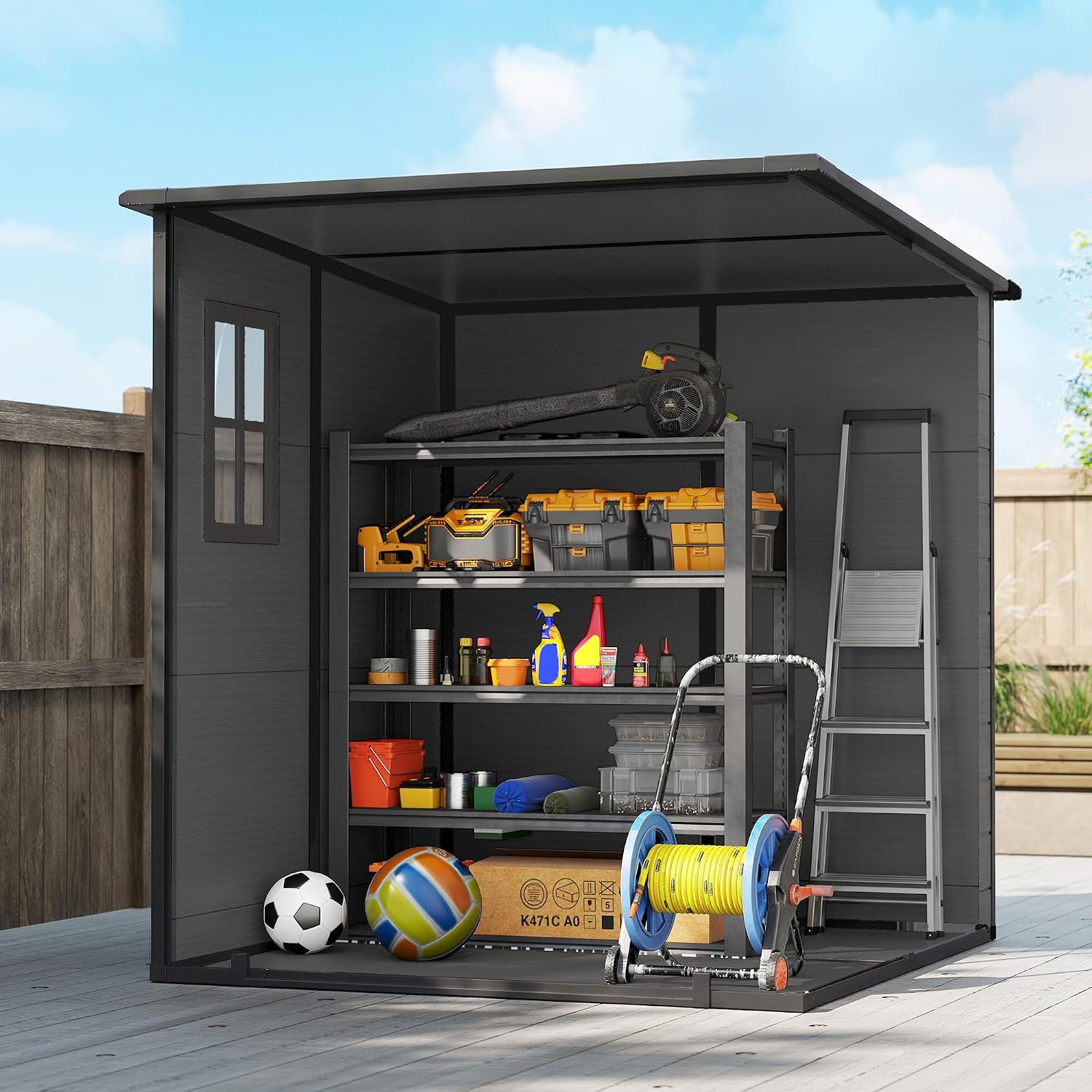Plastic Garden Storage Shed 6 X 6 Ft Dark Grey Aluminium Frame Double Doors