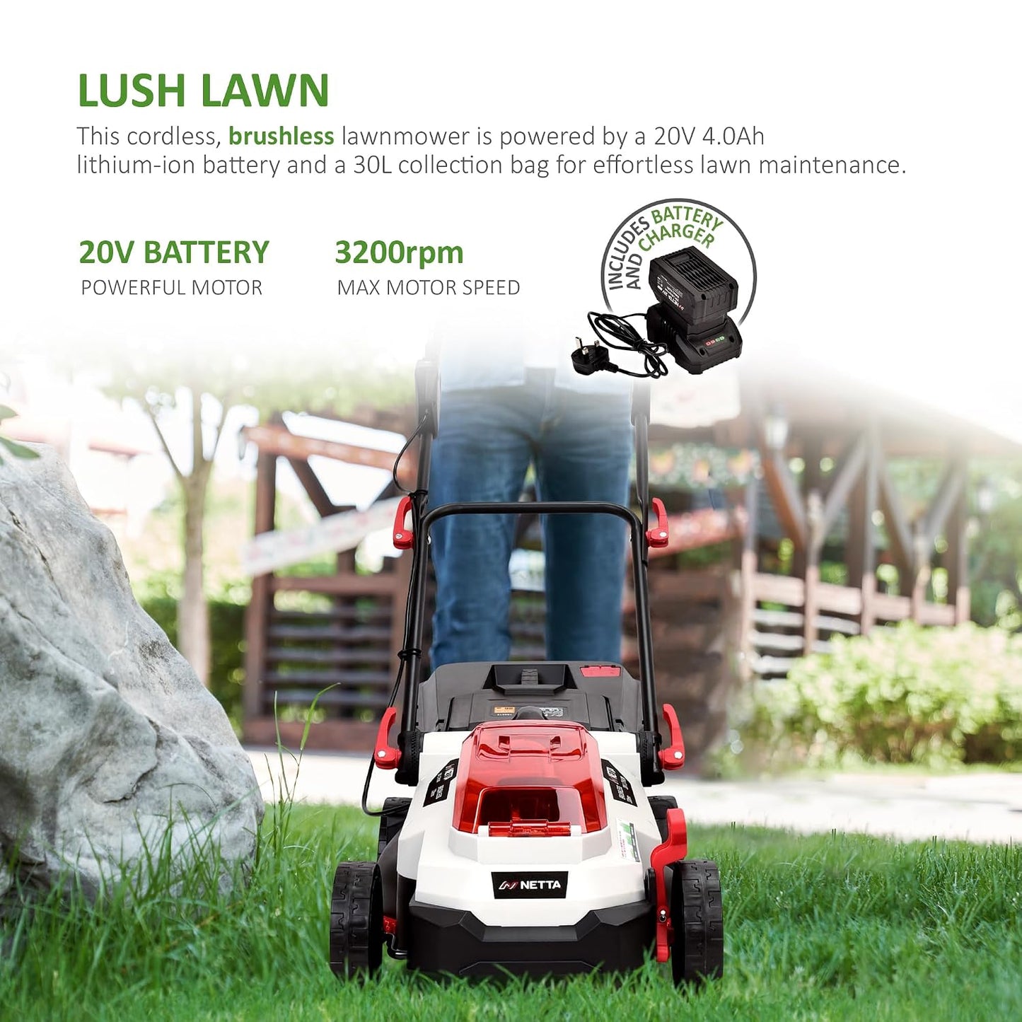 Cordless Lawn Mower 33cm 20V 4.0Ah Brushless Motor White
