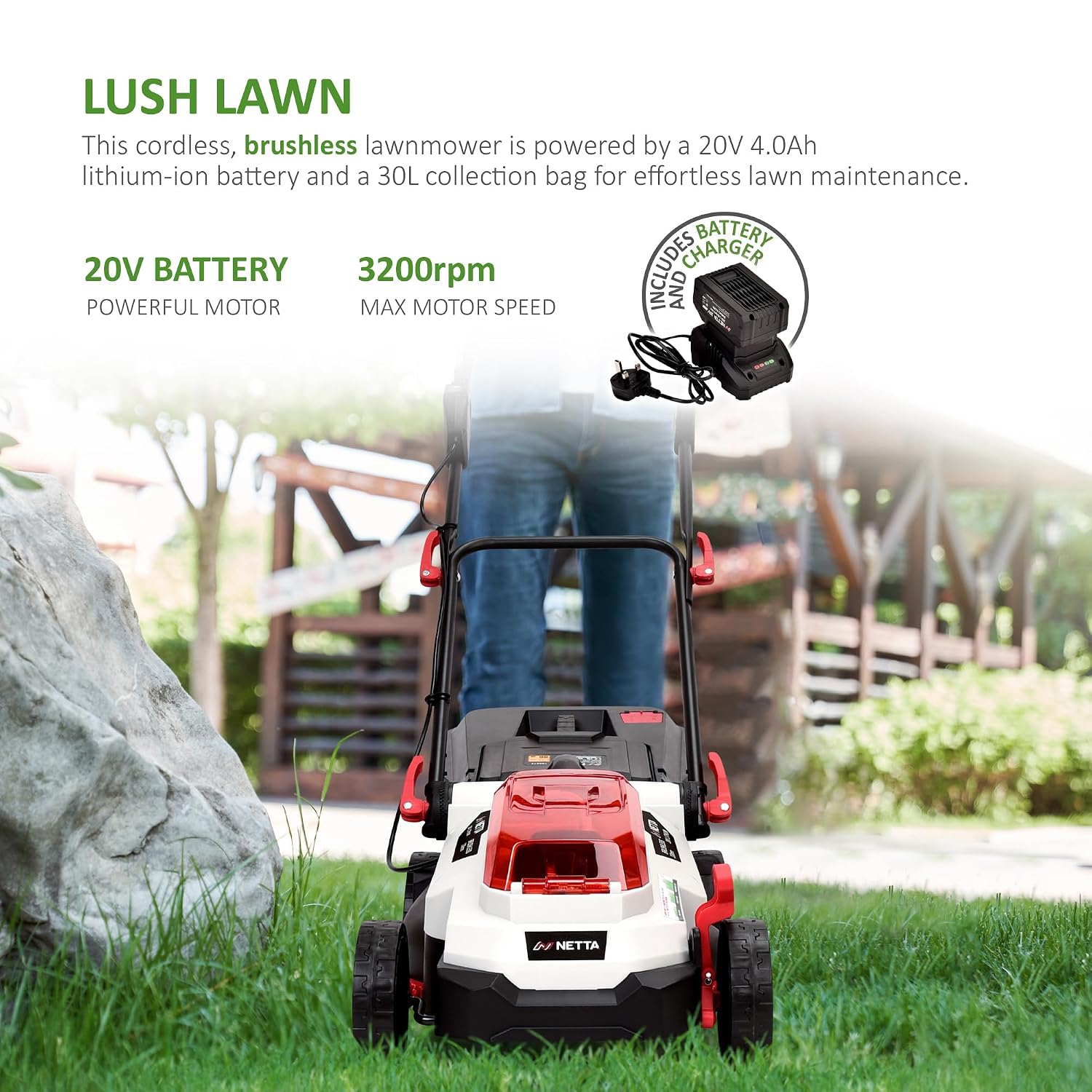 Cordless Lawn Mower 33cm 20V 4.0Ah Brushless Motor White