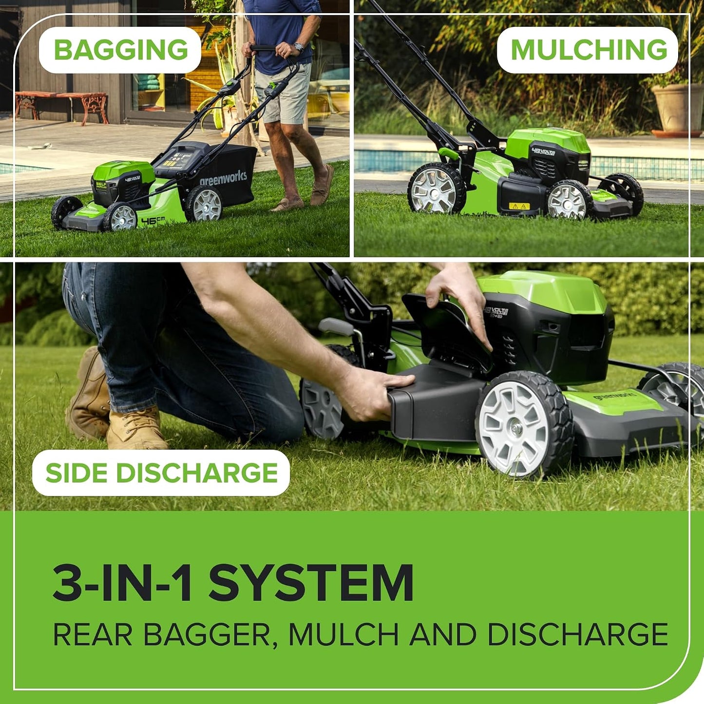 Cordless Lawn Mower 46cm 48V Self-Propelled 55L Bag 2x4Ah Batteries