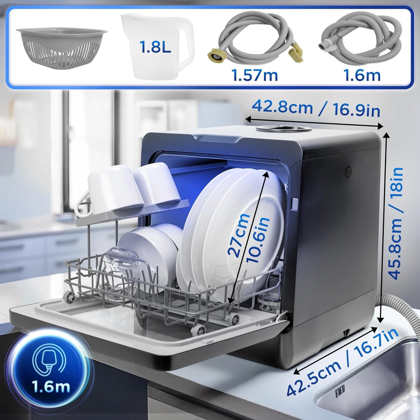 Table Top Dishwasher 5L 950W 8 Programs Black
