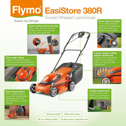 Corded Electric Lawn Mower 1600W 38cm 45L 5 Heights Orange Grey
