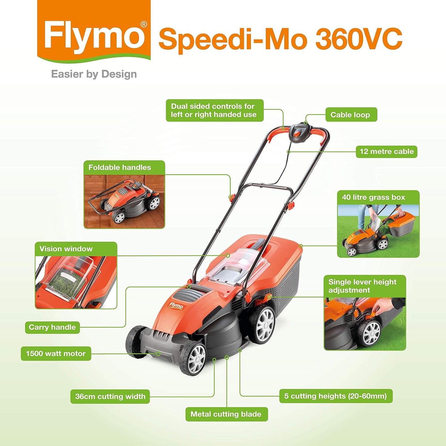Corded Electric Hover Lawn Mower 1500W 36cm 40L 5 Heights Orange Grey