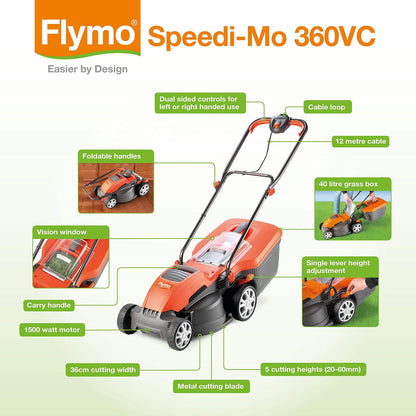 Corded Electric Hover Lawn Mower 1500W 36cm 40L 5 Heights Orange Grey