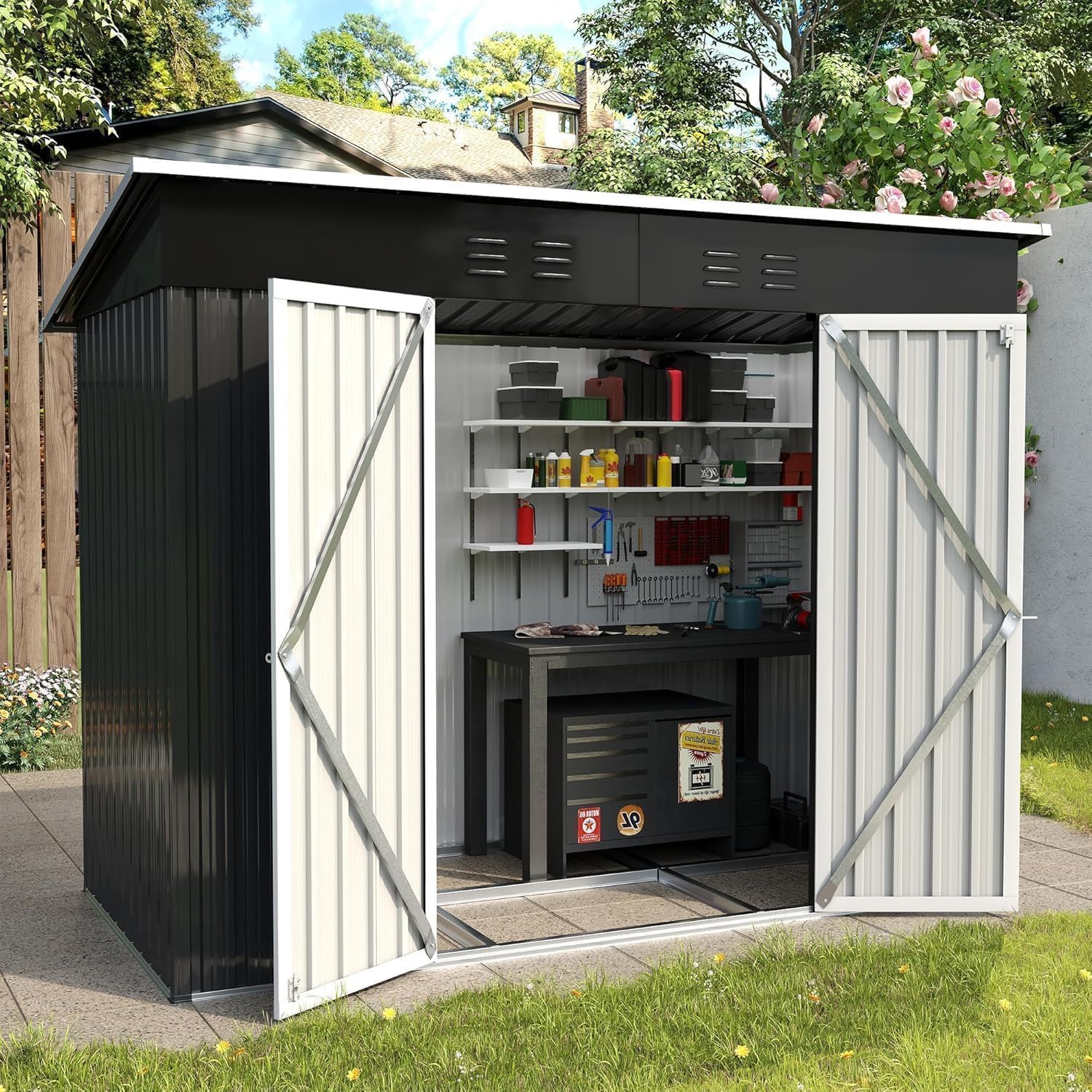 Metal Garden Storage Shed 8 X 4 Ft Dark Grey Alloy Steel Lockable Door