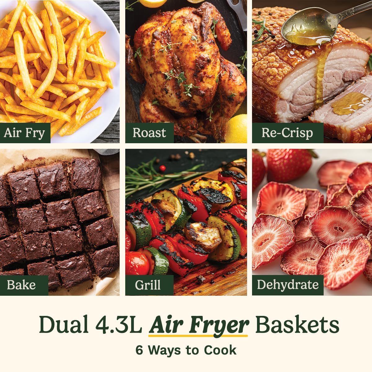 Tri Zone 13.6L Air Fryer Oven 3 Independent Cooking Zones PFAS-Free Black