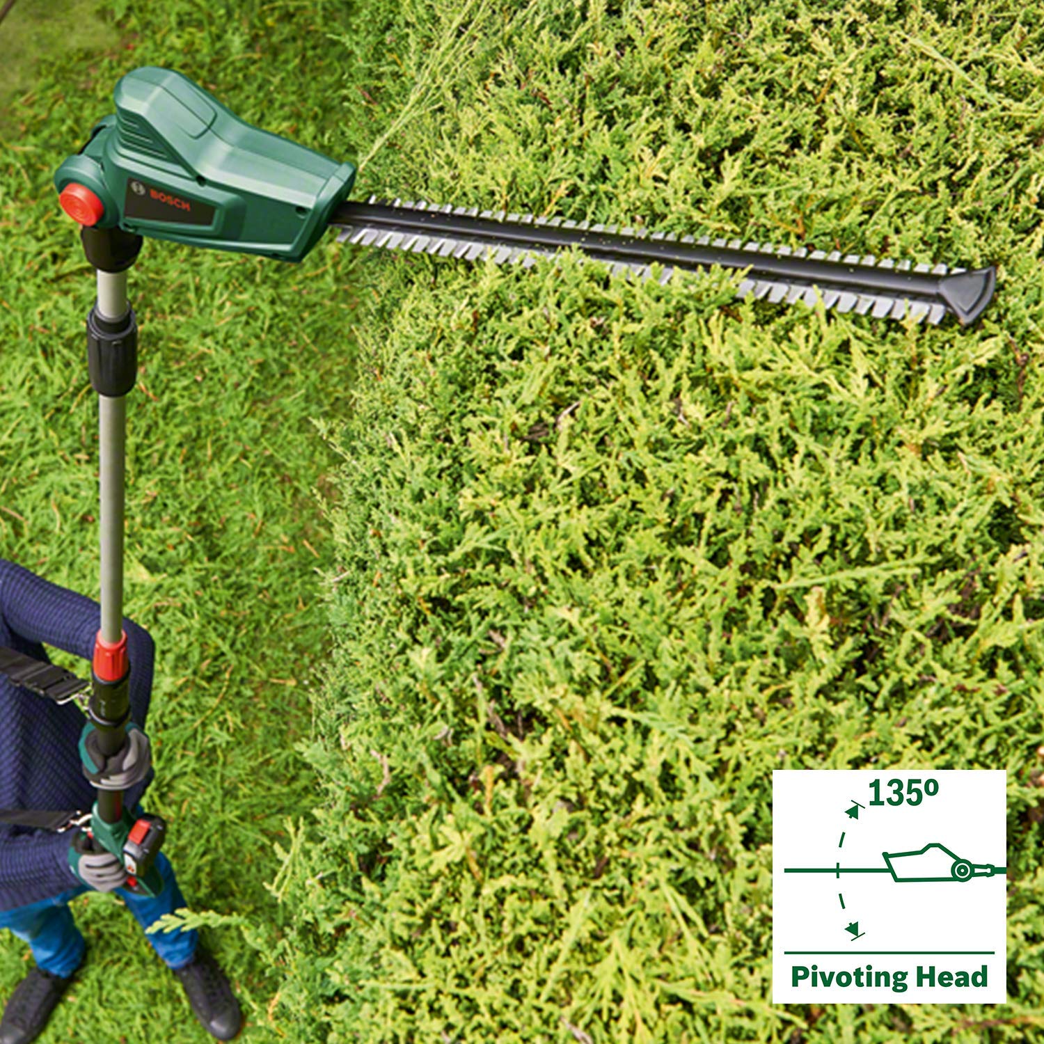 Telescopic Hedge Trimmer 18V Cordless 135° Pivoting Head Green