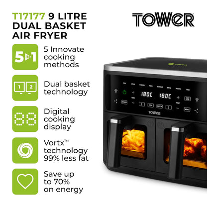 Dual Basket Air Fryer 9L 2400W 8 Presets Sync Function Black