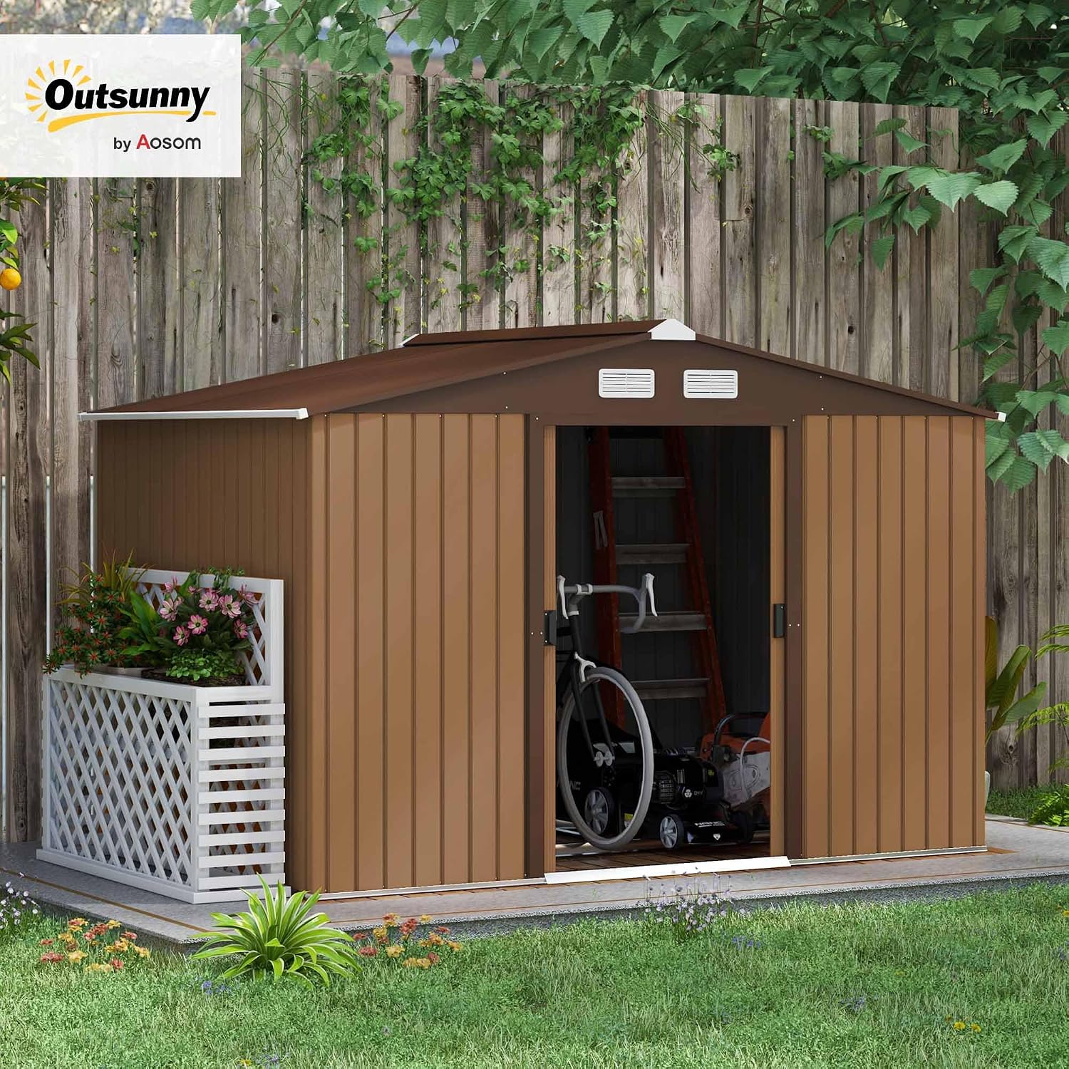 Metal Garden Shed 9 X 6 Ft Light Brown Steel Double Doors