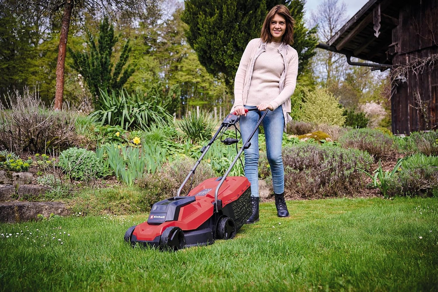 Electric Lawn Mower 32cm 1000W 30L Grass Box 3 Cutting Heights Red Black